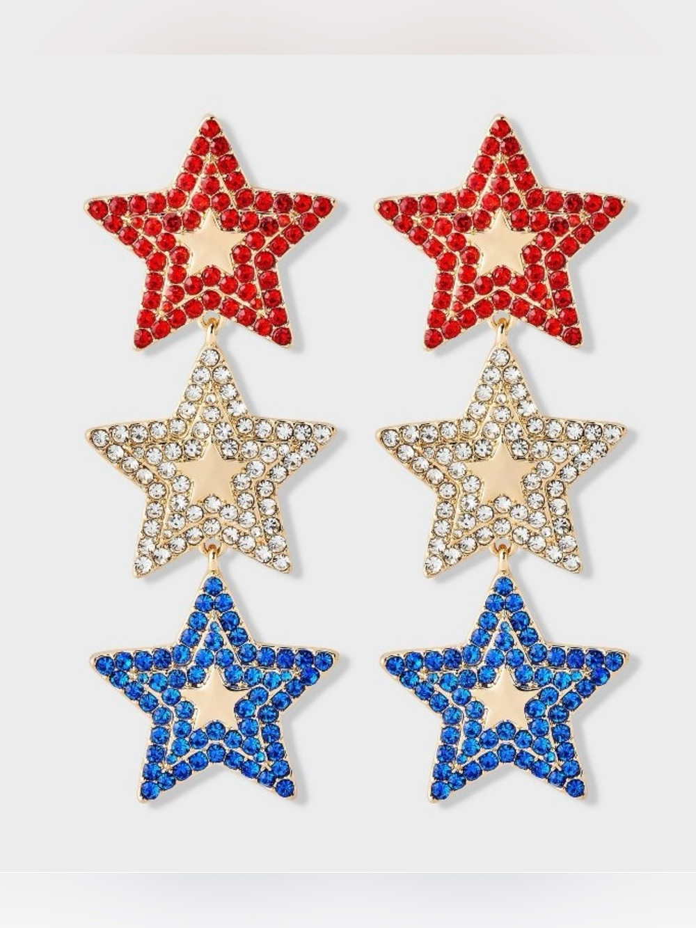 Fourth of July Triple Star Dangle Drop Statement Earrings - Multicolor